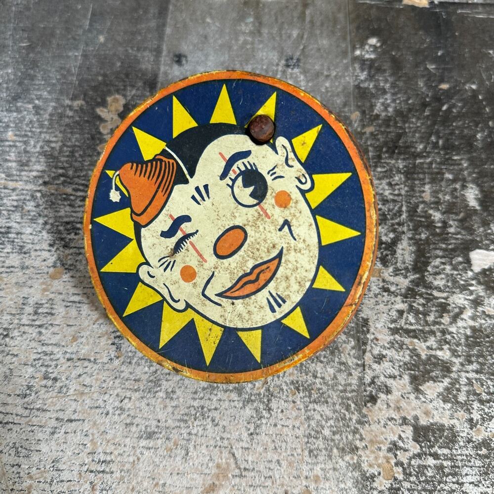 Vintage Metal spin noise maker toy, Colorful clown, Tin Lithograph